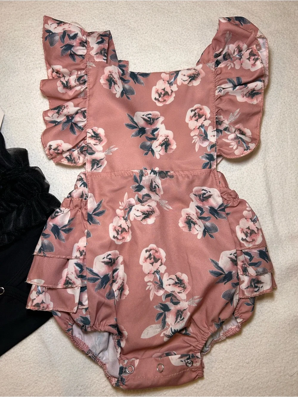 GANZ Baby Girl Black Ruffle Bodysuit & Pink Floral Ruffle One-Piece Set 12-24 Mo